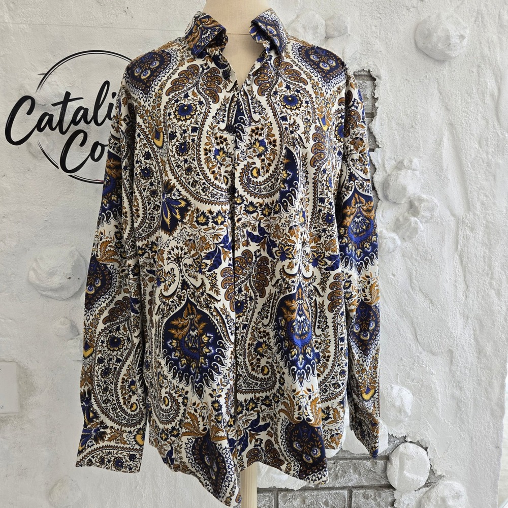 Alan Flusser Mens Large Paisley Floral Button Down Shirt Navy Gold Cotton L